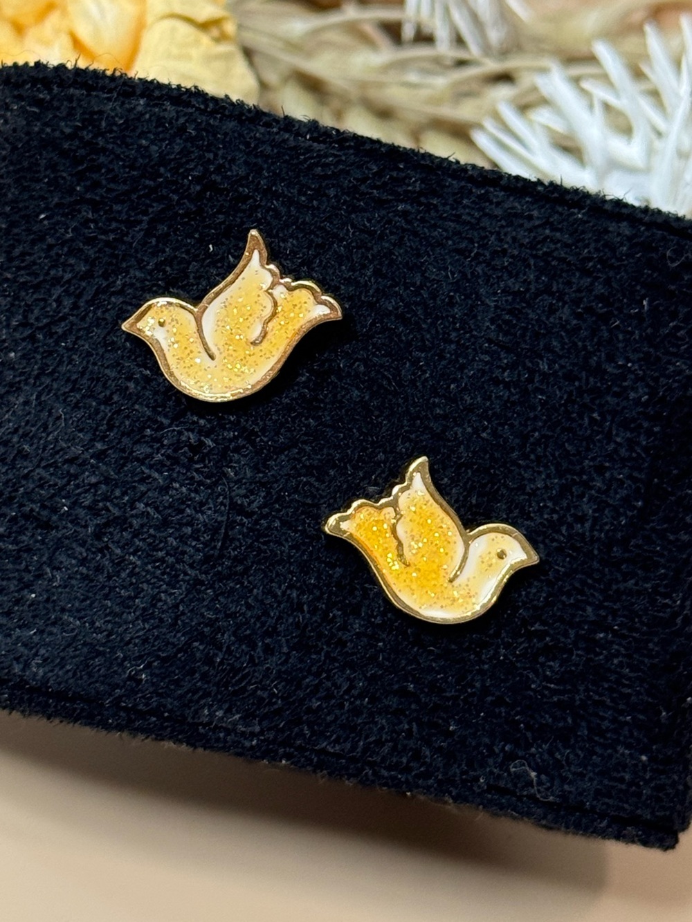 Vintage Gold Tone Yellow Enamel Dove Bird Stud Earrings